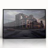 Large abstract wall art featuring a mid-century modernist design in muted gray and blue tones, framed in black acrylic.