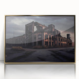 Large art print of a mid-century modernist derelict building in muted grays and gold, acrylic framed.