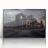 Mid-century modernist art of a derelict building in muted gray tones on a silver-framed acrylic.