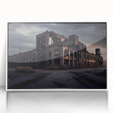 Art Deco poster of a geometric building, in muted gray tones on a white acrylic frame, suitable for modern nursery decor.