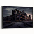 Black and white vintage poster art on framed canvas, depicting a derelict building, ideal for bedroom wall decor.