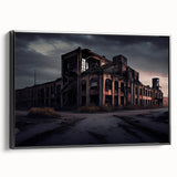 Black and white vintage poster art on framed canvas, depicting a derelict building, ideal for bedroom wall decor.