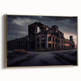 Framed canvas of a vintage landscape painting featuring a derelict building in muted earth tones.
