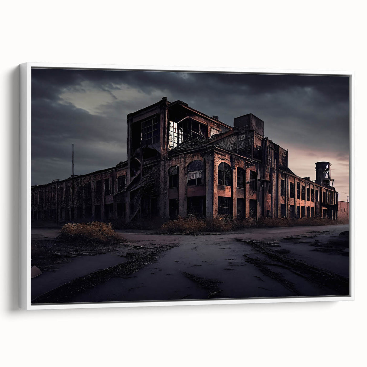 Vintage poster art of a derelict building, using a color palette of grays and browns on a large framed canvas.