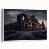 Vintage poster art of a derelict building, using a color palette of grays and browns on a large framed canvas.
