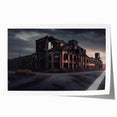Extra large rolled print of a derelict building in muted gray and blue tones, suitable for art wall dining room.