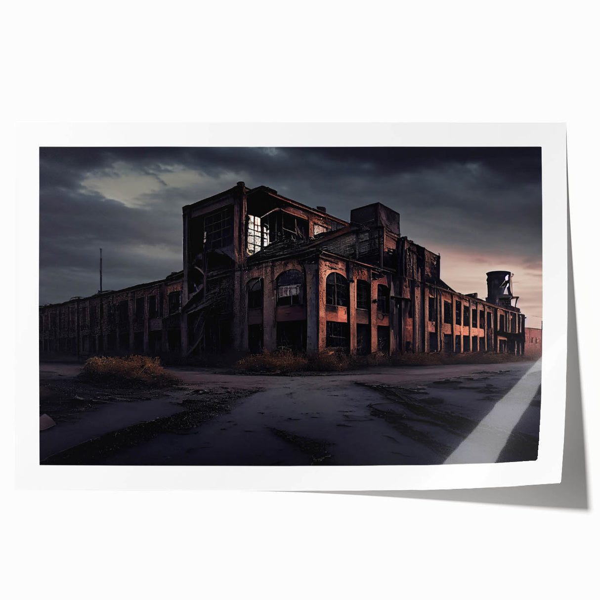 Extra large rolled print of a derelict building in muted gray and blue tones, suitable for art wall dining room.