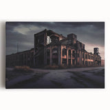 Black and white photograph of a dilapidated building on stretched canvas.
