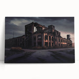 Black and white photo of dilapidated buildings on stretched canvas, suitable as large kitchen wall art.