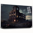 Large abstract wall art on acrylic glass depicting a derelict building in muted grays.