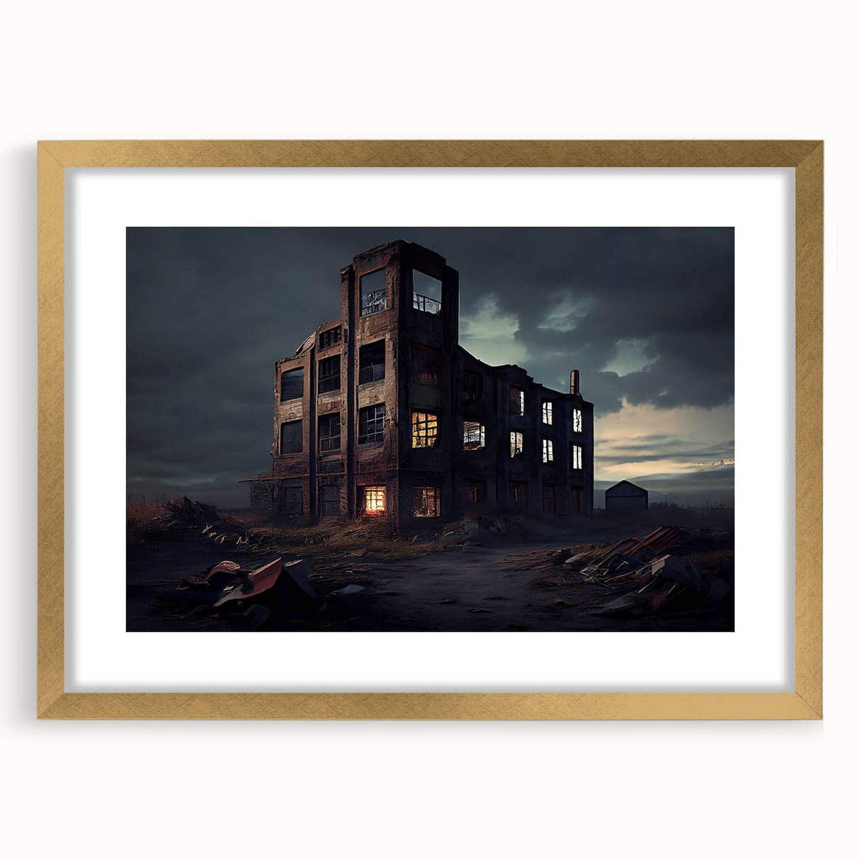 Extra large abstract art print featuring textured design in muted earth tones, framed in gold, ideal for living room decor.