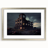 Textured art print of abstract, crumbling architecture in muted gray, framed in silver, ideal for bedroom decor.