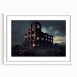 Abstract art print depicting a derelict building in muted gray and blue tones on a white framed mat.