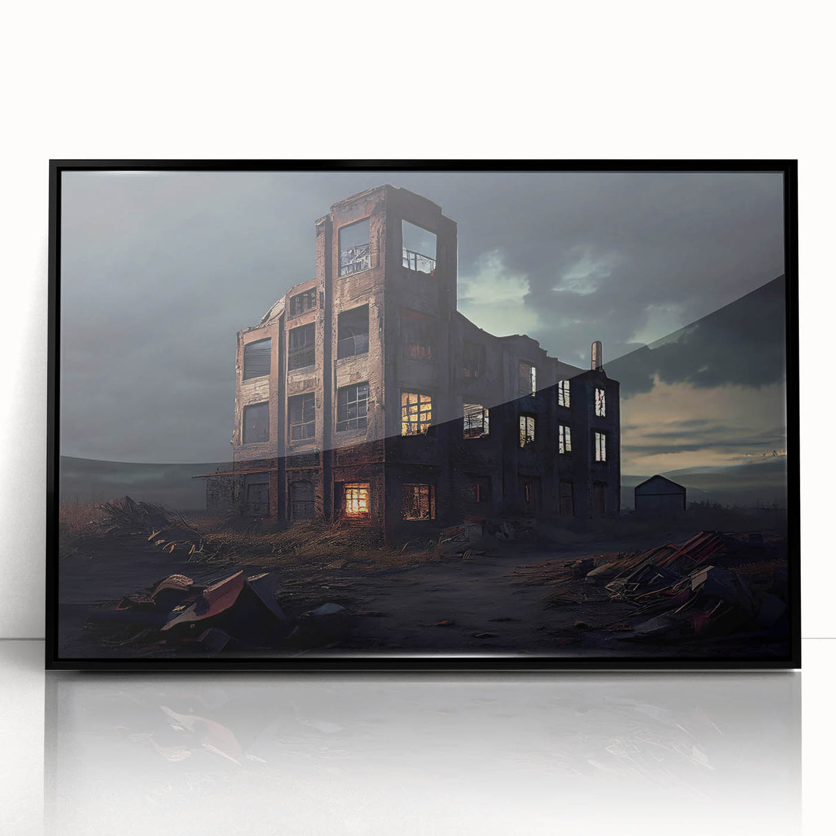 Large abstract wall art depicting a mid-century modernist cityscape in muted gray and blue tones, framed in black acrylic.