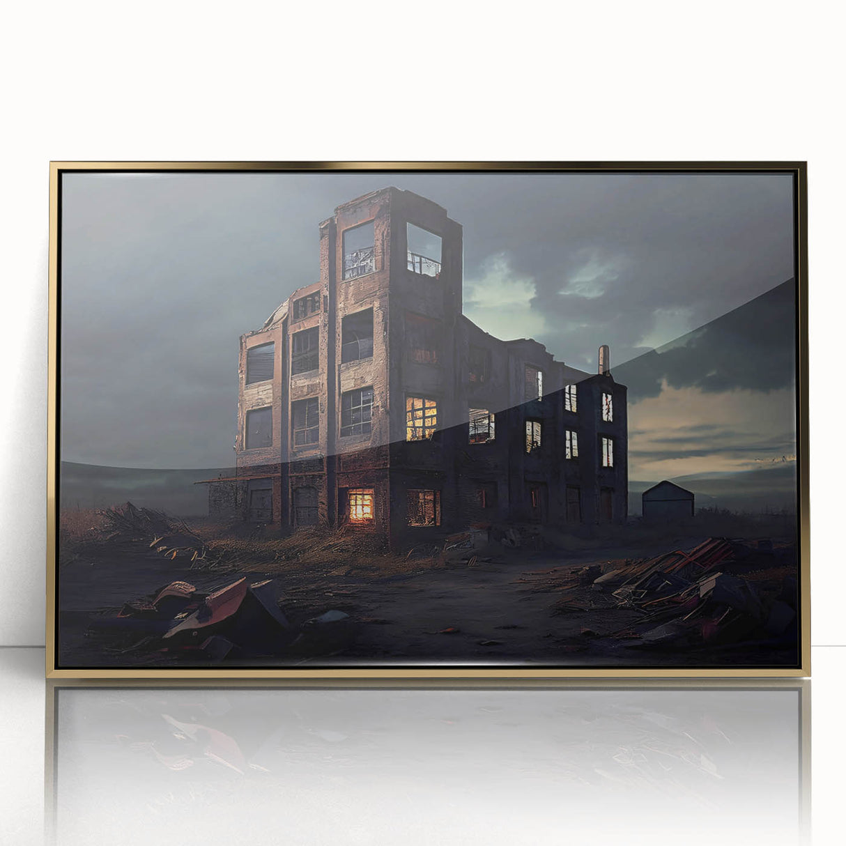 Mid-century modernist acrylic print of a derelict building, in muted earth tones, framed in gold.