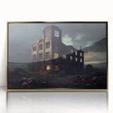 Mid-century modernist acrylic print of a derelict building, in muted earth tones, framed in gold.