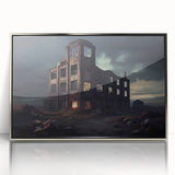 Mid-century modernist art deco poster featuring a silver-framed acrylic print of a derelict building.