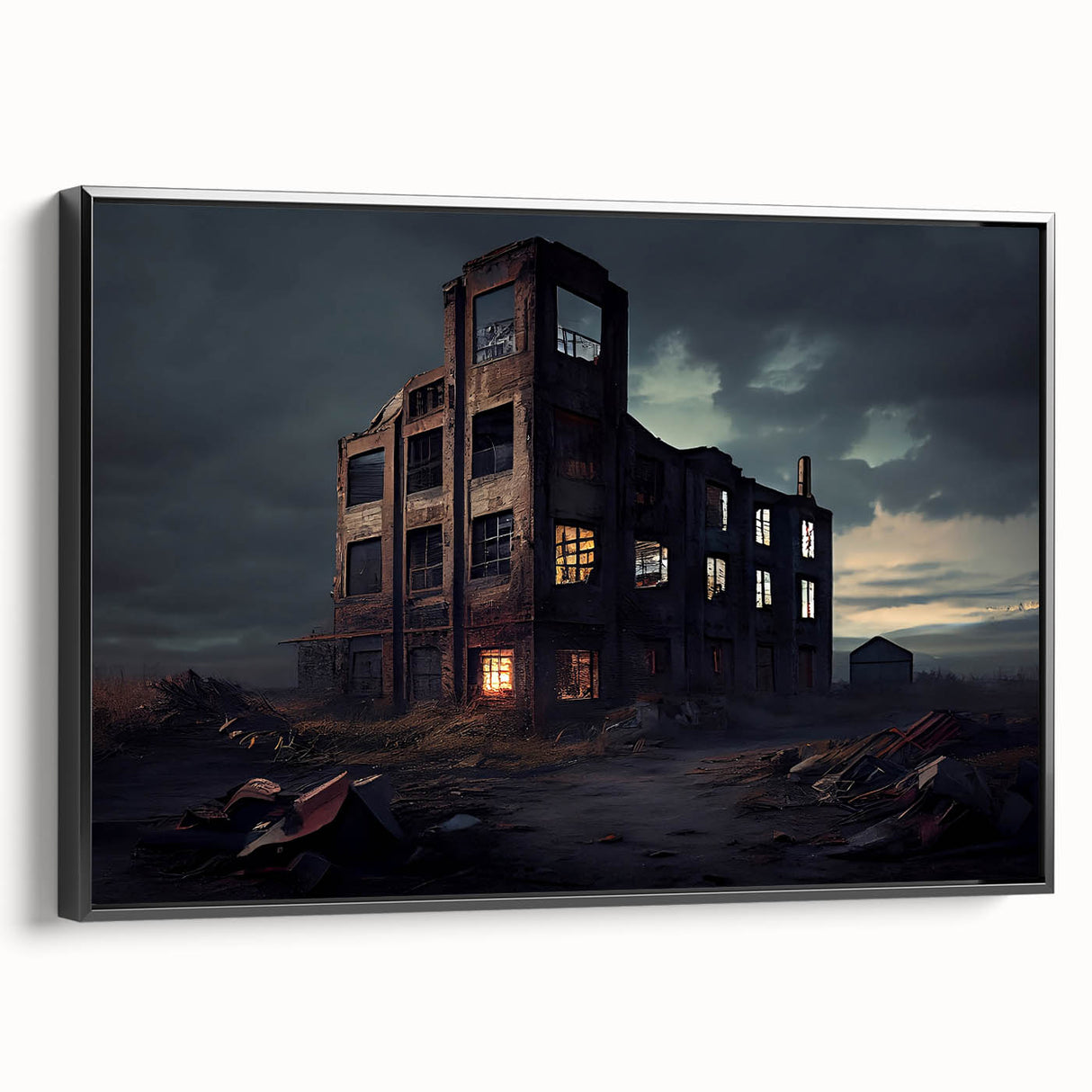 Large art featuring a black and white landscape painting on a framed canvas, suitable for bedroom decor.