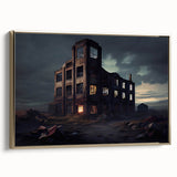 Vintage poster art of a derelict building in muted black and gold tones, framed canvas, ideal for bedroom wall decor.