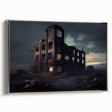Landscape art painting of a derelict building in muted black and gray tones on a framed canvas.