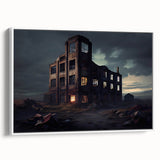Vintage poster art of a derelict building in muted black and gray tones on a large framed canvas.