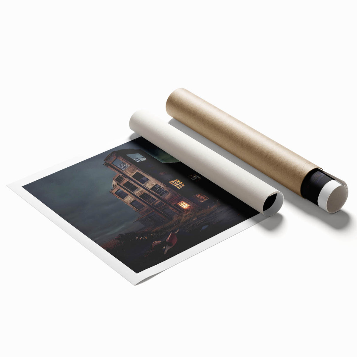 Extra large rolled print of a derelict building in muted grays, ideal for art wall dining room.