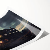 Extra large rolled canvas print featuring a derelict building in muted gray tones.