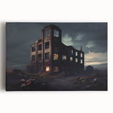 Black and white photo of a dilapidated building on stretched canvas, ideal for kitchen wall art.