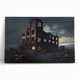 Black and white photograph of a derelict building, printed on large stretched canvas.