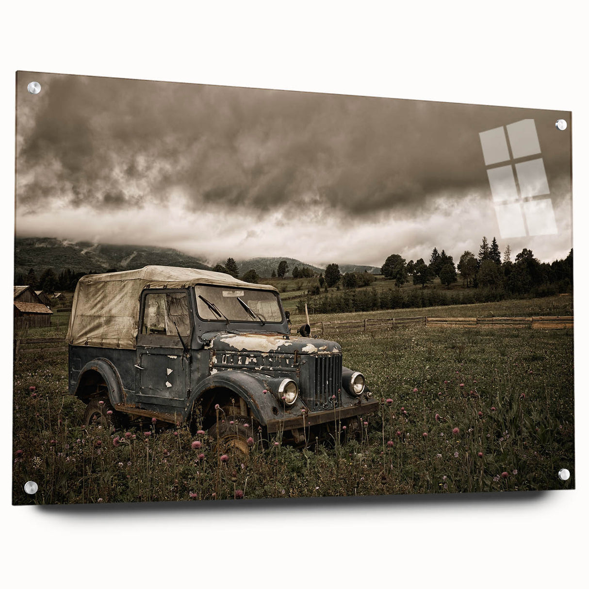 Large abstract wall art on acrylic glass, featuring derelict architectural designs in muted earth tones.