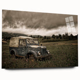 Large abstract wall art on acrylic glass featuring a derelict architectural design in muted gray tones.