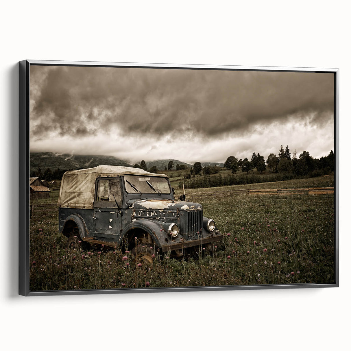 Black and white framed canvas depicting a vintage landscape scene, suitable for bedroom wall decor.