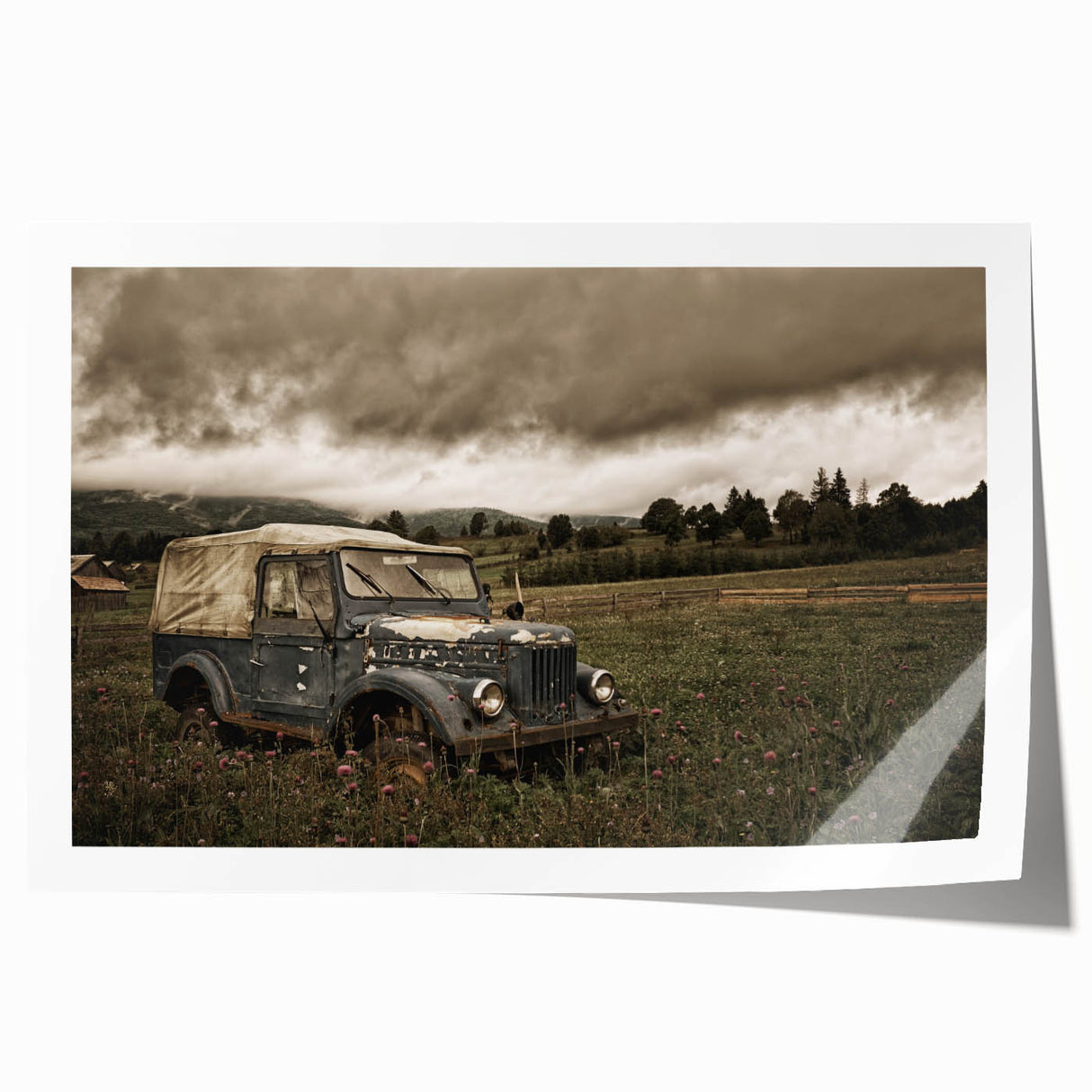 Extra large rolled print of a derelict building in muted gray tones, suitable for art wall dining room or bathroom.