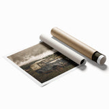 Extra large rolled print of a dilapidated building in muted gray tones, suitable as classy bathroom wall art.