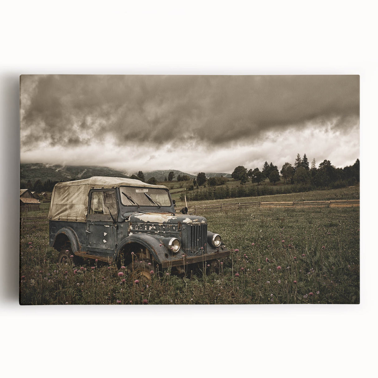 Black and white photo of a derelict building on stretched canvas, suited for kitchen wall art.