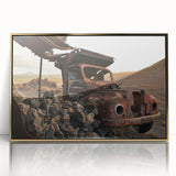 Mid-century modernist acrylic print of architectural dereliction in gold frame, suitable for modern art wall decor.