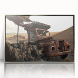 Mid-century modernist art of a derelict building, in muted gray and blue, acrylic print in silver frame.