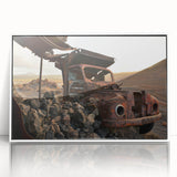 Art deco poster of a derelict building in muted grays, framed acrylic, ideal for modern art wall decor.