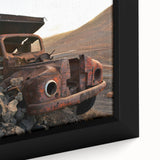 Black and white vintage poster art featuring a landscape of derelict buildings on a framed canvas, ideal for bedroom decor.