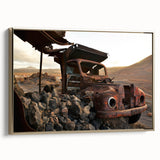 Framed canvas featuring a vintage-style landscape painting with predominantly black and muted tones.