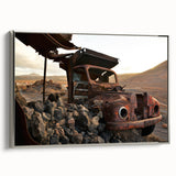 Landscape art painting of a derelict building in muted colors on a framed canvas, suitable for an industrial-style office.