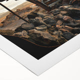 Art deco poster featuring geometric patterns and metallic colors on rolled canvas, suitable for dining room wall art.