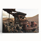 Black and white photograph of a derelict building on a large stretched canvas.