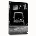 Large abstract wall art on acrylic glass, featuring a derelict architectural design in muted gray tones.