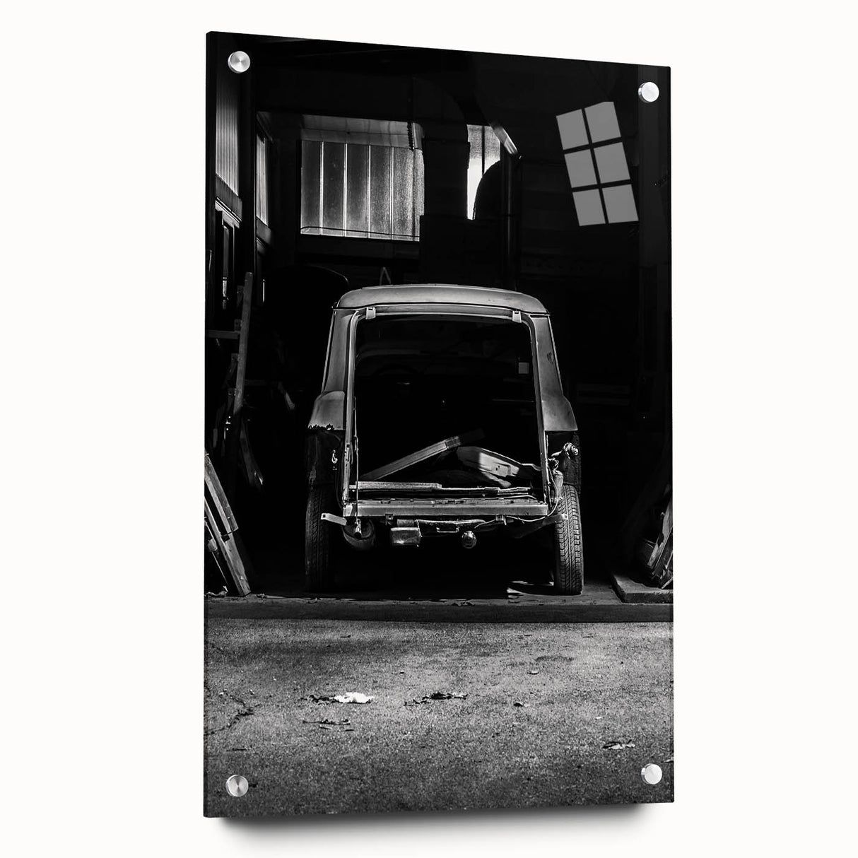 Large abstract wall art on acrylic glass, featuring a derelict architectural design in muted gray tones.