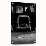 Large abstract wall art on acrylic glass, featuring a derelict architectural design in muted gray tones.