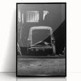 Large abstract wall art featuring mid-century modernist design in neutral and black tones, acrylic print framed in black.