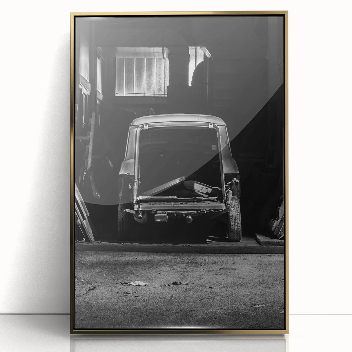 Mid-century modernist large art print of a geometric abstract, in muted gold and black tones on acrylic.