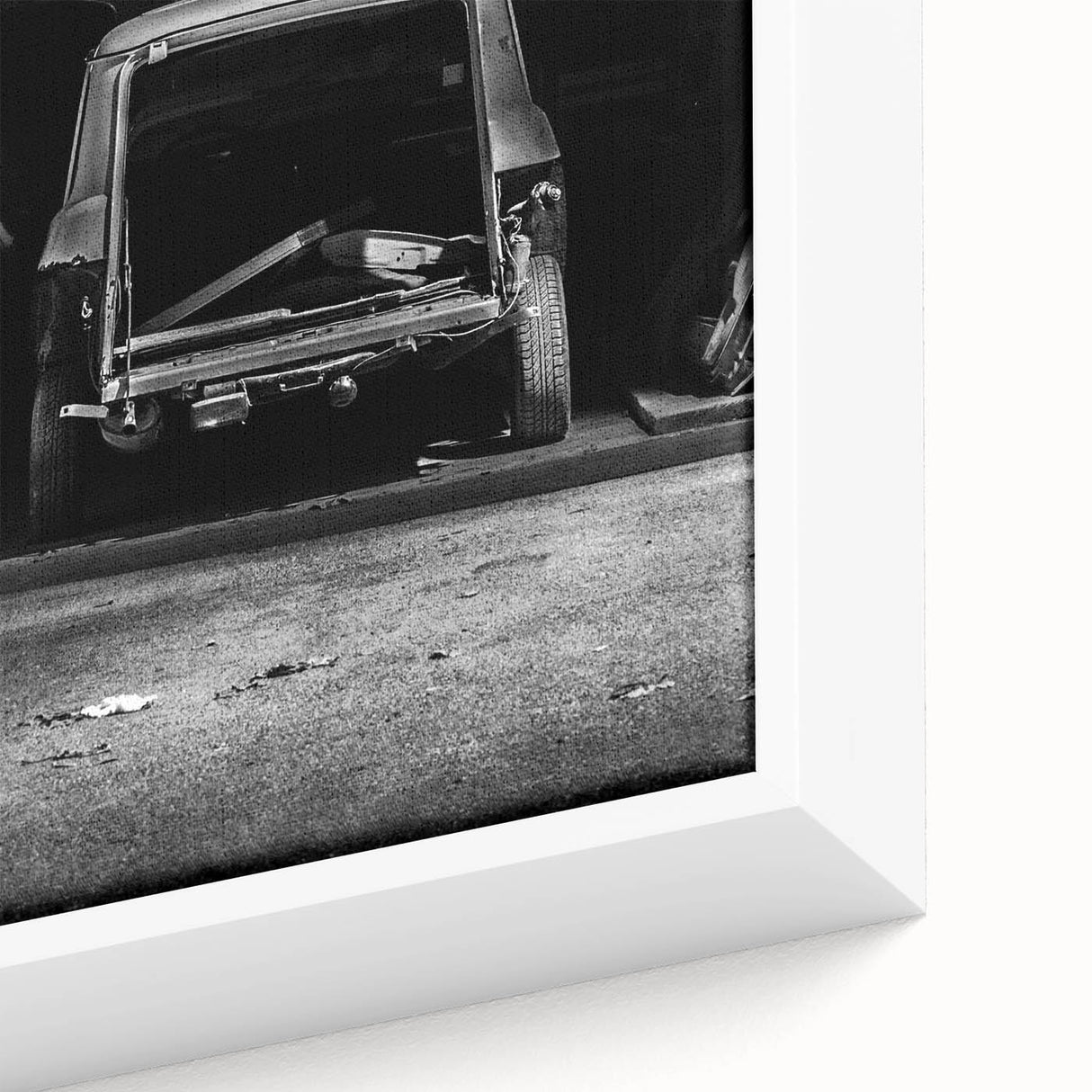 Extra large framed canvas featuring textured, colorful art of derelict architecture in black, ideal for living room decor.