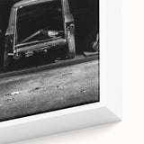 Extra large framed canvas featuring textured, colorful art of derelict architecture in black, ideal for living room decor.